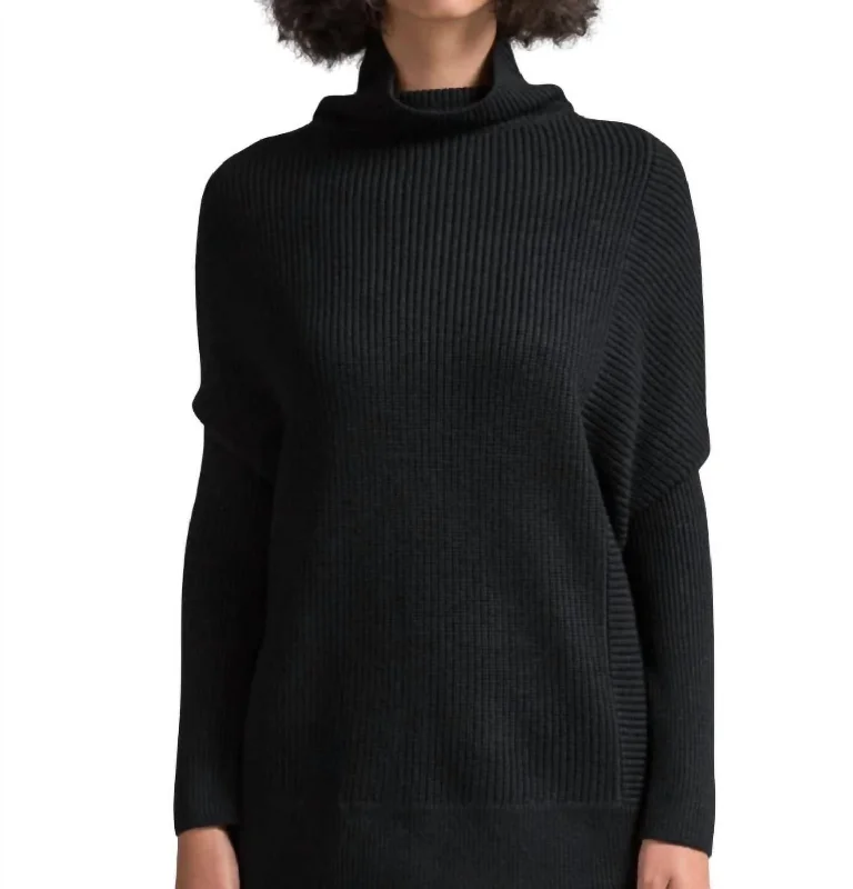 Ribplay Turtleneck Pullover In Black Long Bell Sleeve