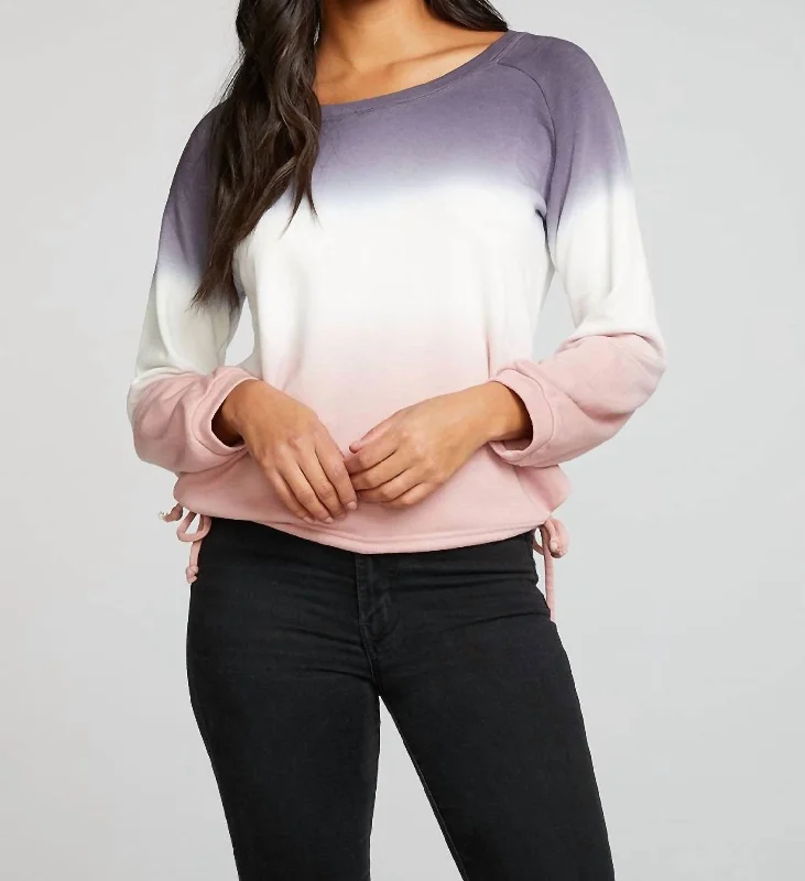 Slub French Terry Blouson Sleeve Side Tie Raglan Pullover In Sunset Ombre Flutter Sleeve Feminine