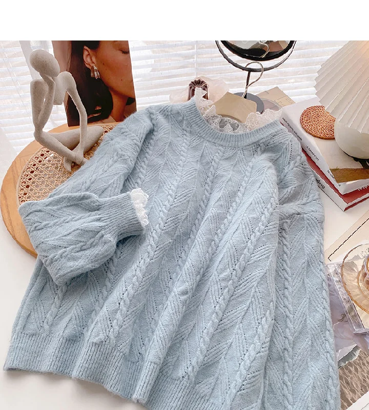 Sweet retro lace edge long sleeve Pullover thin loose top  6020 Ribbed Crew Neck