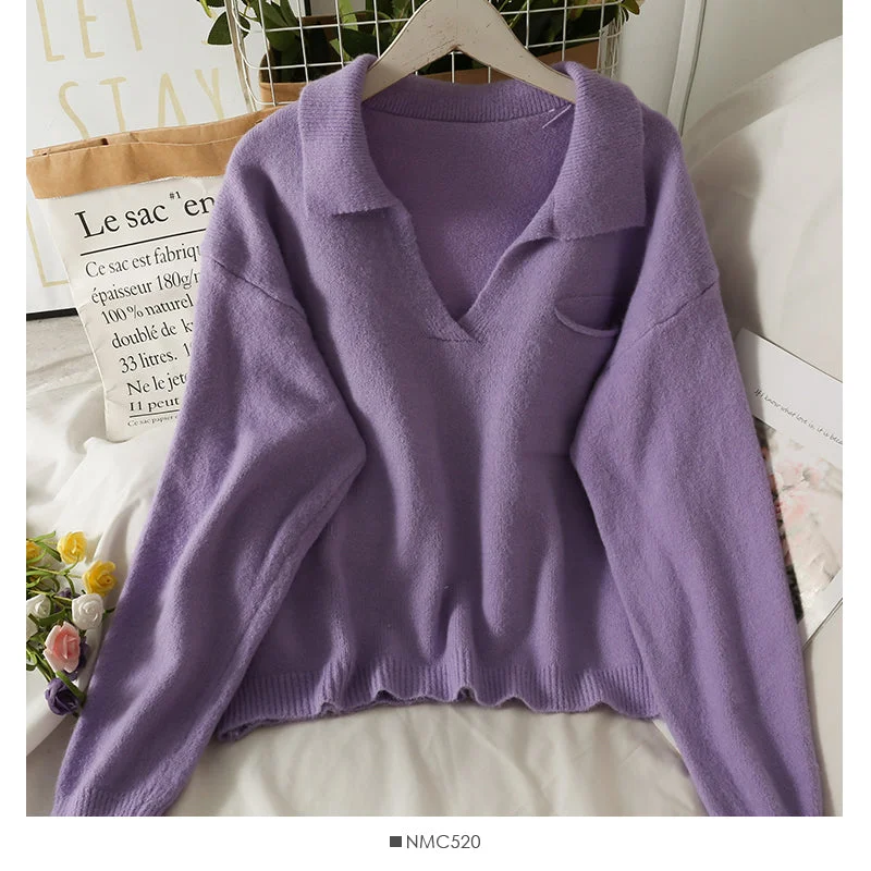 Sweet wind candy color Lapel slim fit Pullover knit  1848 Cashmere Luxurious Pullover