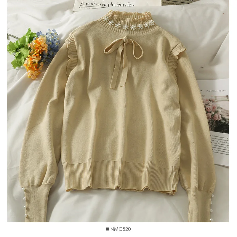 Sweet wind nail bead bow tie high neck Pullover Top  1822 Chenille Soft Sweater