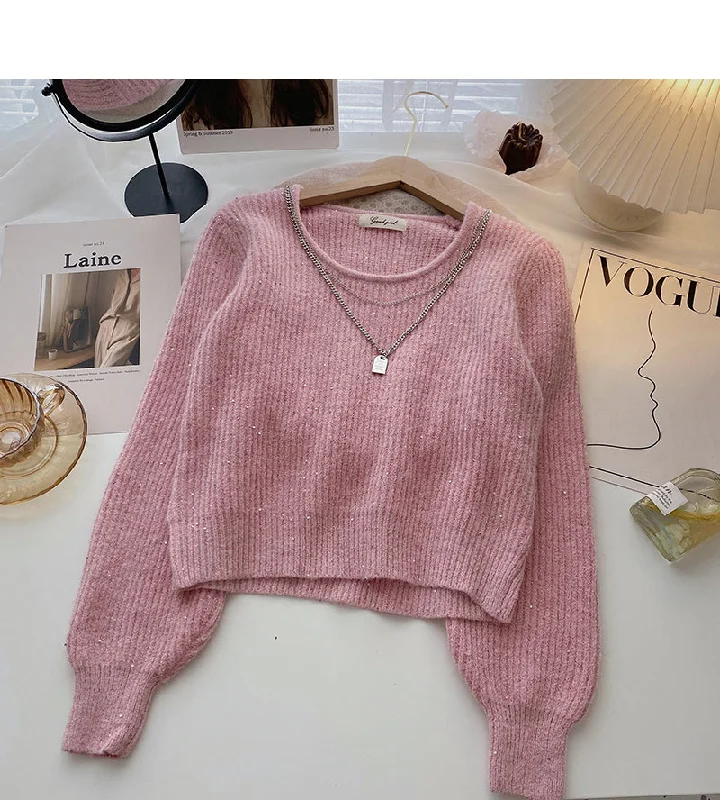 Vintage design chain round neck Pullover long sleeve Sequin Knitted Top  6010 Boat Neck Sweater