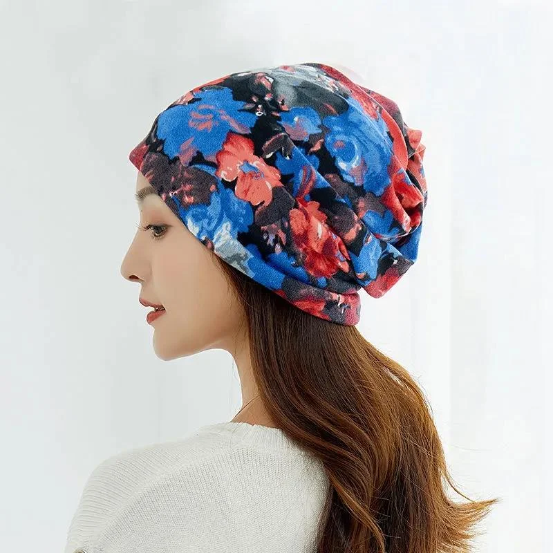 Women's Flower Hat Autumn and Winter Warm Multi-purpose Scarf Turban Mask Hat Pullover Sports Cap Casual Ear Protection Cap Bib Confinement Cap High Neck Pullover