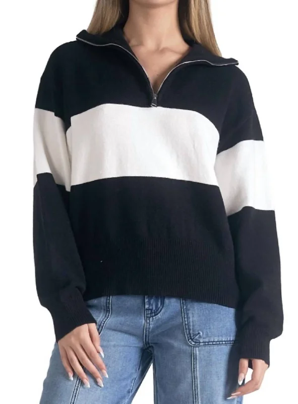 Zip Collared Pullover In Black/white Oversized Cozy Pullover