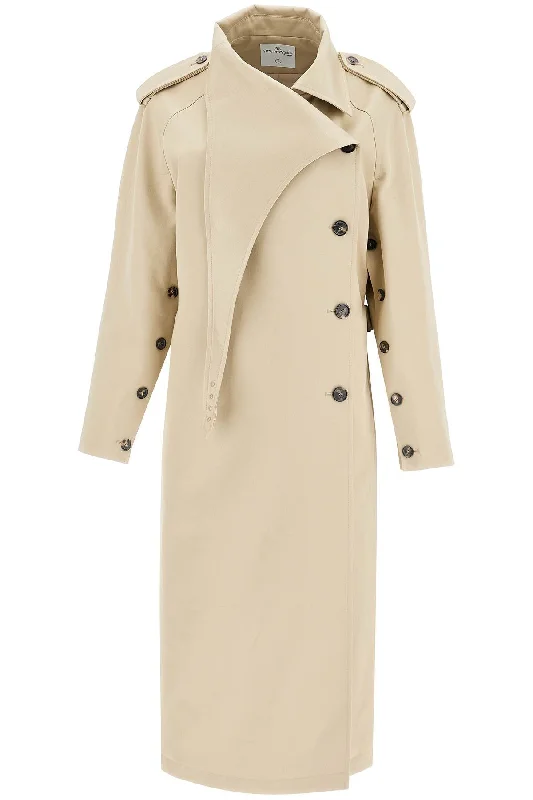 Long Trench Coat With Asymmetrical Closure  - Beige Striped Polka Dot Solid