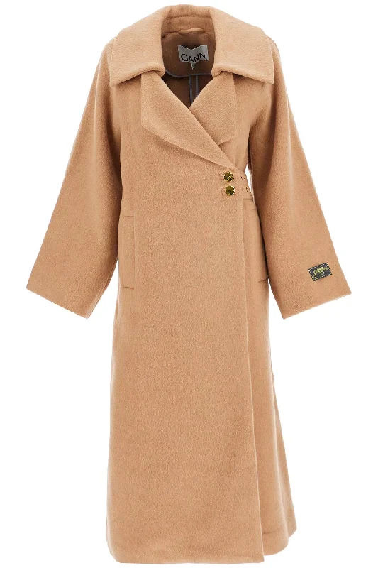 Long Recycled Wool Coat  - Beige Hook-and-Loop Buckled Tied