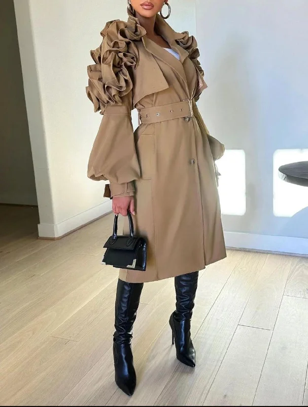 AJK6504P-Ruffle Shoulder Trench Coat Kimono Robe Cloak