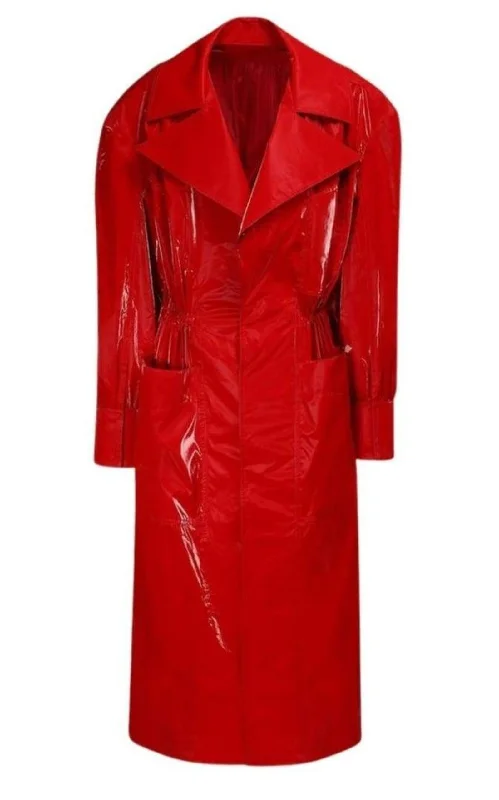 Belted Glossy Red Trench Coat empire Basque Peplum