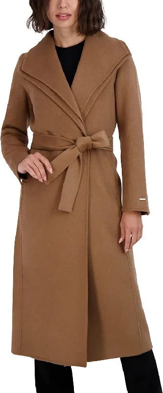 TAHARI Women's Maxi Double Face Wool Blend Wrap Coat, Camel Collared Crew Neck Turtle Neck