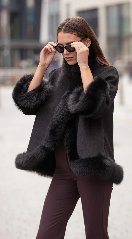 Cashmere & Fox Fur Wrap Coat - Black Shawl Collar Notch Collar Lapel Collar