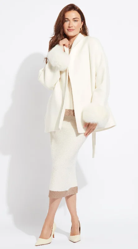 Luxy Cashmere & Fur Cuffed Belted Wrap Coat - Buttermilk Wool Cashmere Tweed