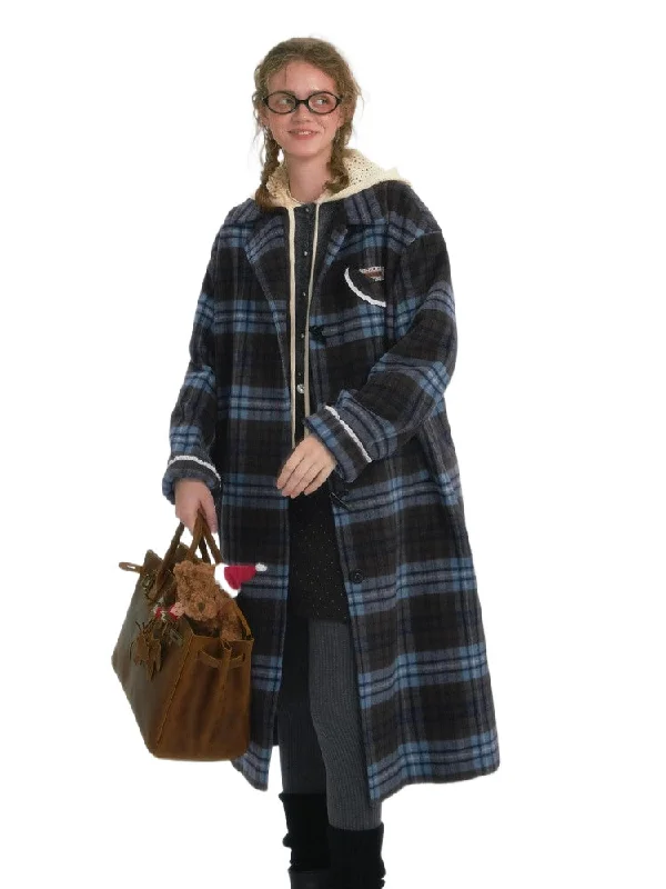 Contrast Plaid Long Woolen Coat Wool Cashmere Tweed