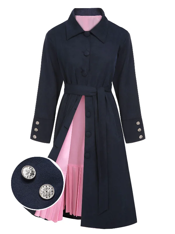 Dark Blue 1950s Solid Belted Coat Striped Polka Dot Floral