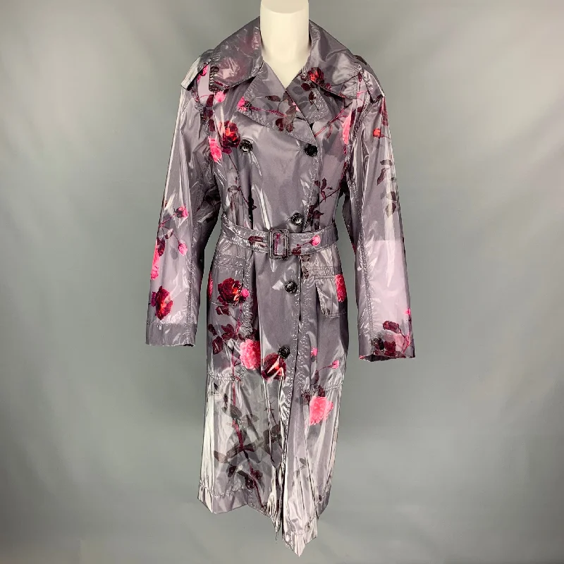 DRIES VAN NOTEN Size XS Grey & Pink Floral Polyurethane Bend Belted Trench Coat Solid Print Jacquard