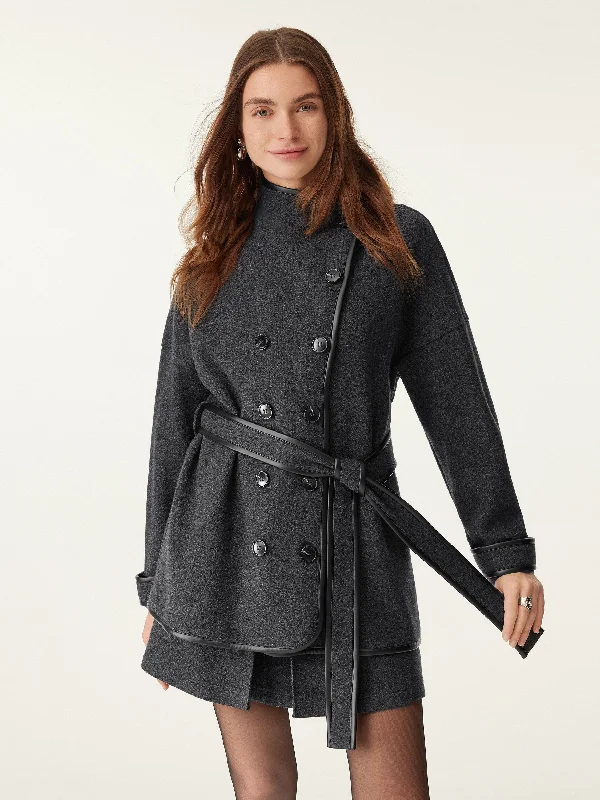 Eco-Leather Trimmed Coat With Belt Buttoned Zippered Snapped