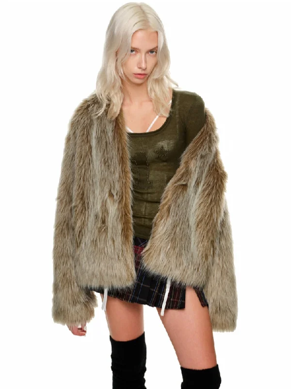 Faux Fox Fur Short Coat Buttoned Zippered Snapped