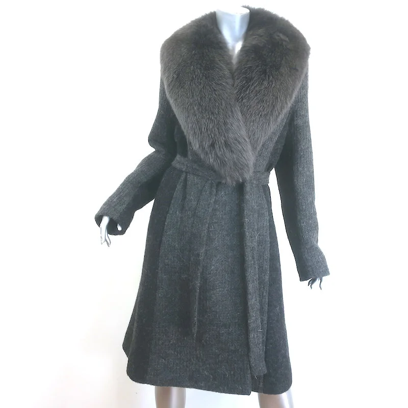 Fleurette Fox Fur Collar Wrap Coat Dark Gray Wool-Blend Size 14 empire Basque Peplum