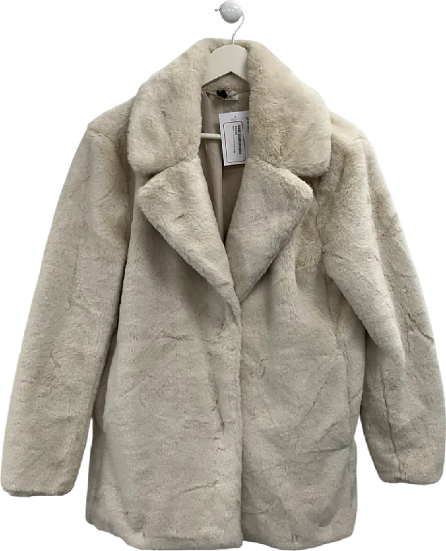 H&M Cream Faux Fur Coat UK M Welt Pockets Slit Pockets Flap Pockets