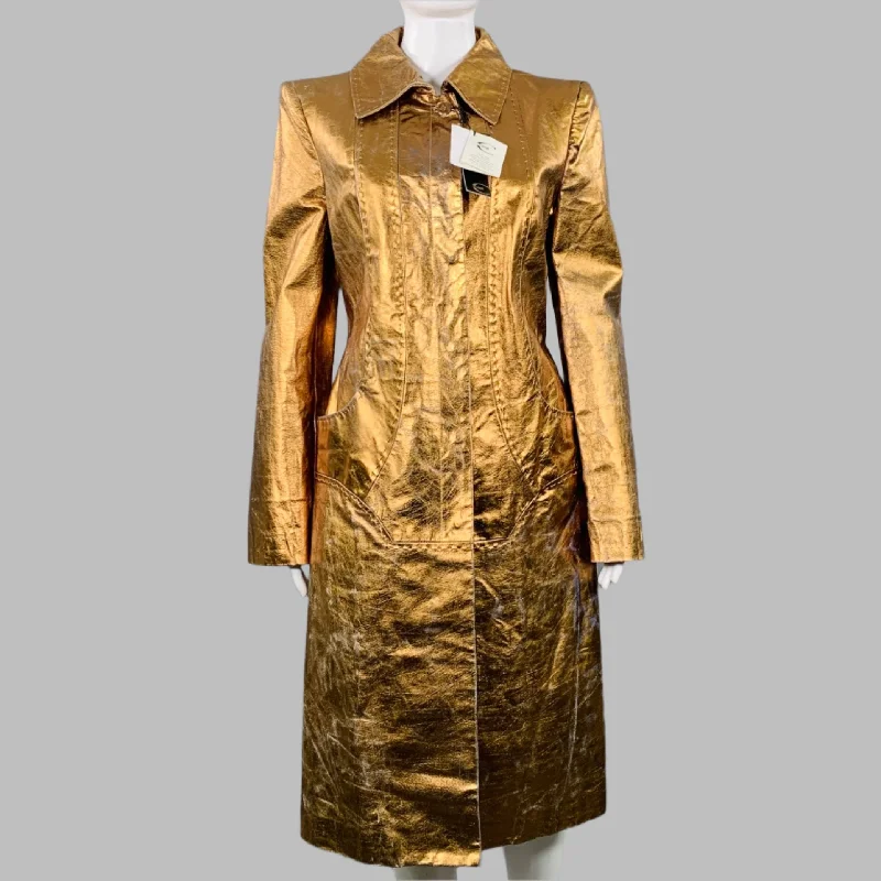 JUST CAVALLI Size 4 Gold Metallic Leather Distressed Snaps Coat Houndstooth Jacket Shearling Jacket Fleece Jacket