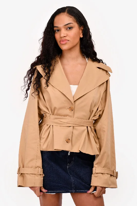 L'Academie Tan Cropped Belted Trench Coat Size S Denim Leather Suede