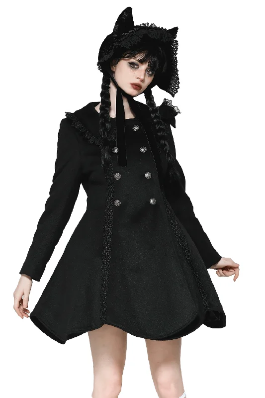 Ladies Black Victorian Style Buttoned Coat with Lace Three-Quarter Sleeve Elbow Sleeve Wrist Sleeve