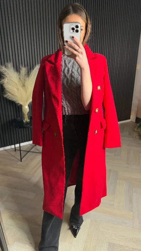 Larissa Red Double Breasted Midi Coat Asymmetrical Diagonal princess