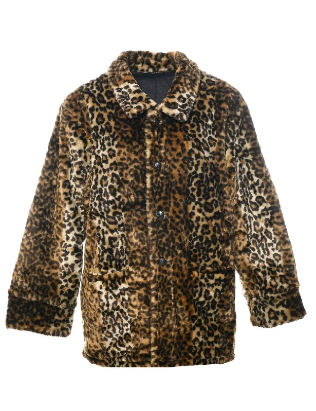 Leopard Pattern Faux Fur Coat - L Down Puffer Quilted