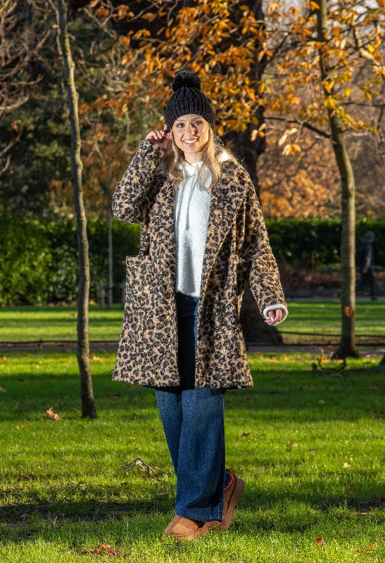 Leopard Print Boucle Coat Pockets Sleeves Lining