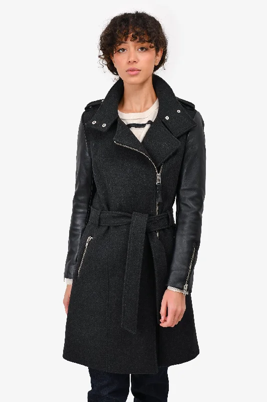 Mackage Black Wool/Leather Belted Coat Size S Pleated Ruffled tiered