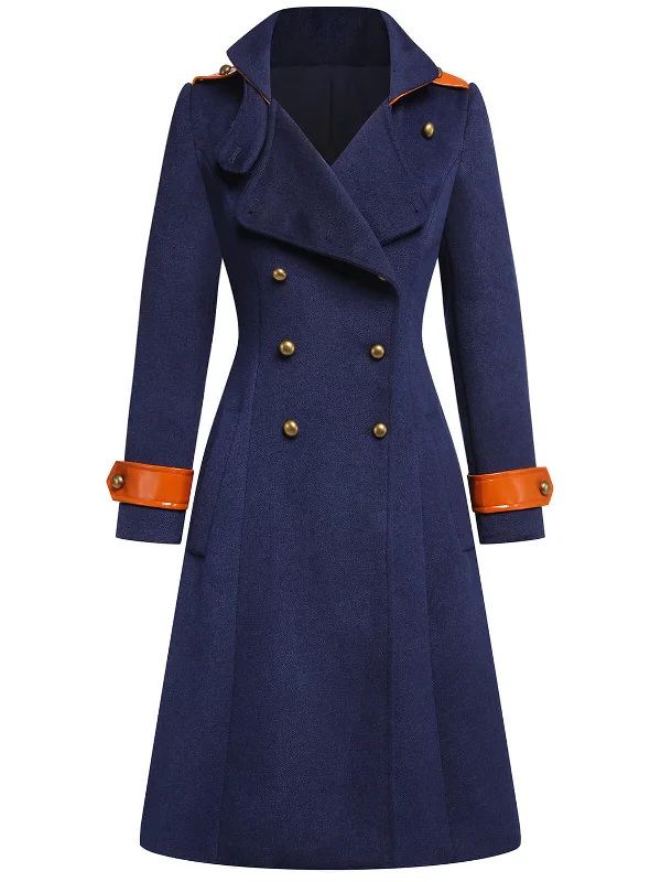 Navy Blue 1940s Patchwork Button Coat Trench Wool Cashmere