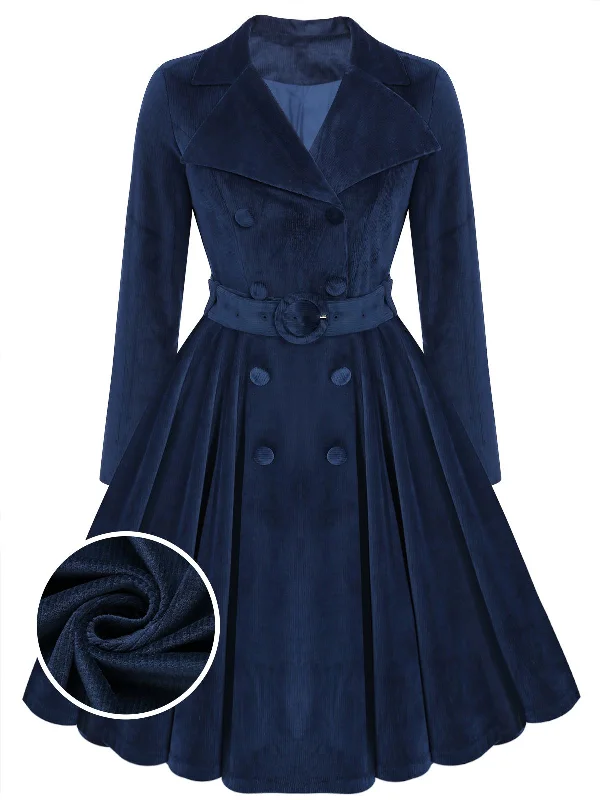 Navy Blue 1950s Corduroy Long Coat Buttoned Toggled Snapped