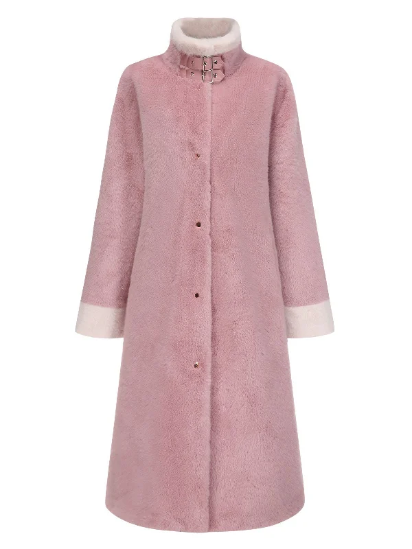 Pink 1950s Solid Stand Collar Faux Fur Long Coat Hook-and-Loop Buckled Tied