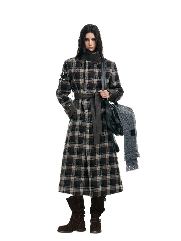 Plaid Patchwork Leather-Trim Quilted Trench Coat Anorak Windbreaker Fleece