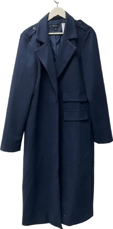 PrettyLittleThing Blue Navy Textured Wool Look Double Pocket Coat UK 14 Nylon Polyester Spandex