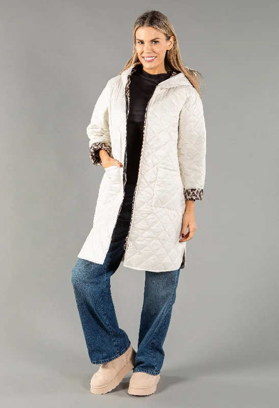 Quilted Coat with Leopard Lining Front Pockets Side Pockets Patch Pockets