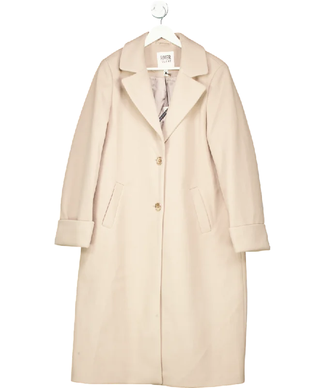 River Island Beige Longline Coat UK 16 Asymmetrical Collar Hooded Zippered