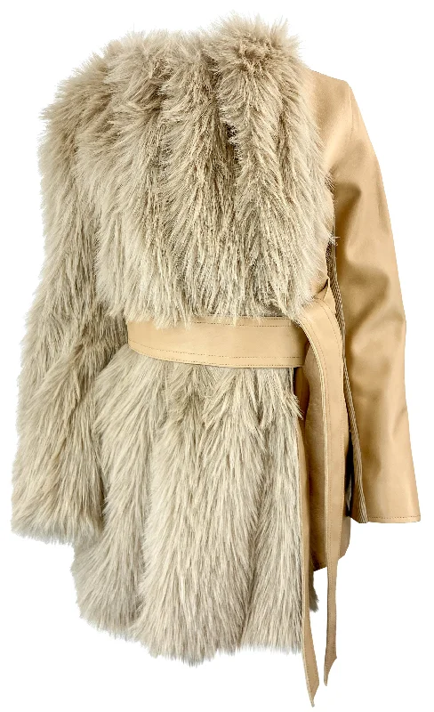 Sacai Faux Fur Coat in Beige Hook-and-Loop Buckled Tied