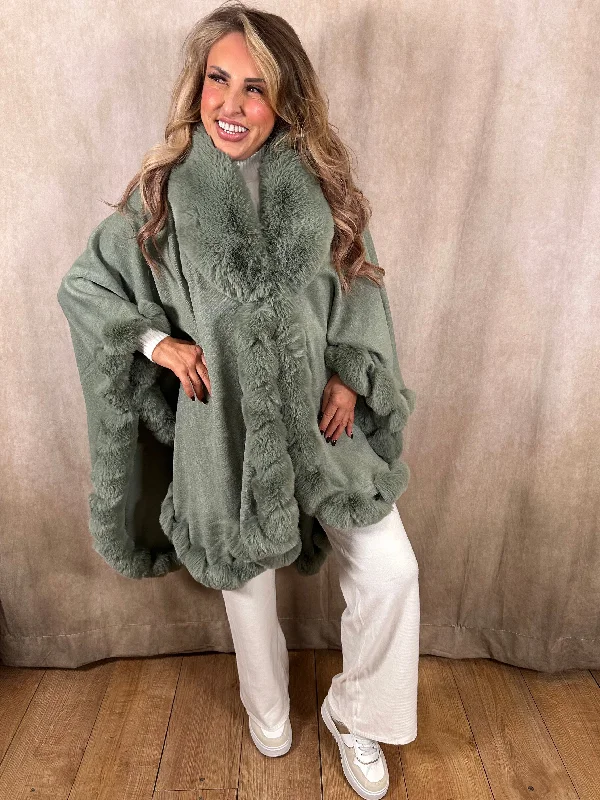 Sage Green Cape Coat Denim Leather Suede