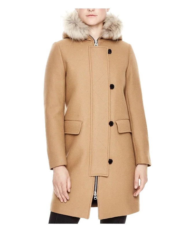 Sandro Women's Camel Kurt Wool Coat Fur Trim Hood Parka Anorak Hoodie