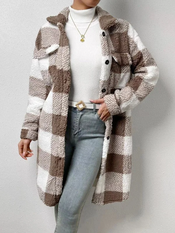 Sherpa plaid long coat Rayon Velvet Corduroy