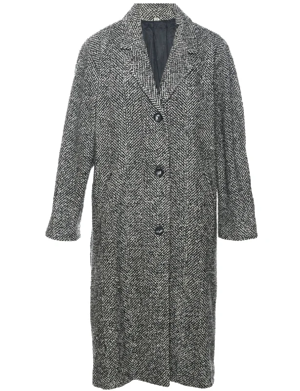 Single Breasted Wool Coat - L Tweed Herringbone Houndstooth