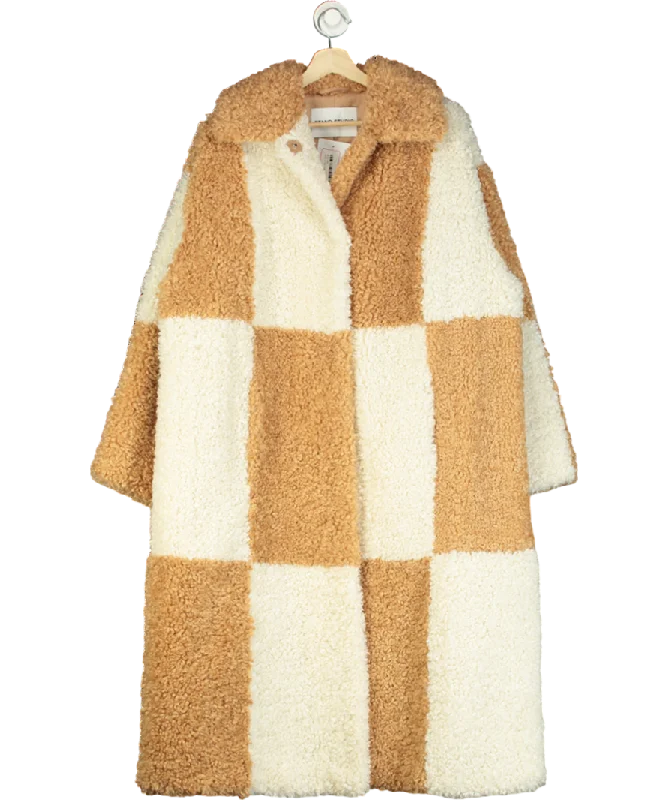 Stand Studio Beige Nicki Checked Faux Sherling Coat One Size Elasticated Drawstring Belted