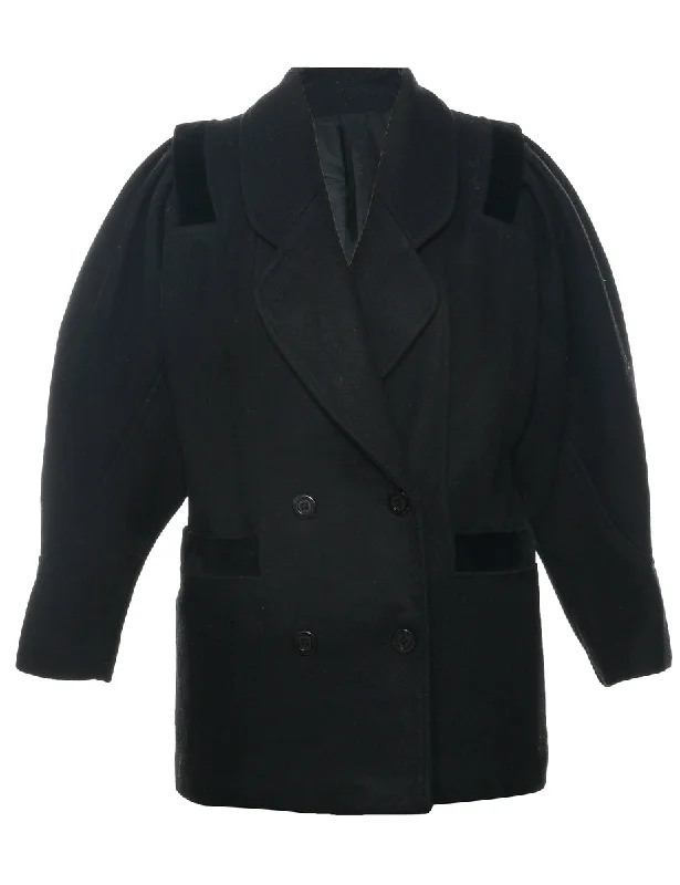 Velvet Trim Wool Coat - M Pleated Ruffled tiered