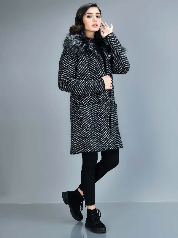 Patterned Faux Fur Coat Elasticated Drawstring Belted