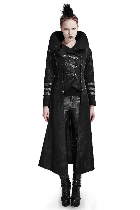 Women's Black Leather-Look Long Coat with Stand Collar Knit Woven Fleece