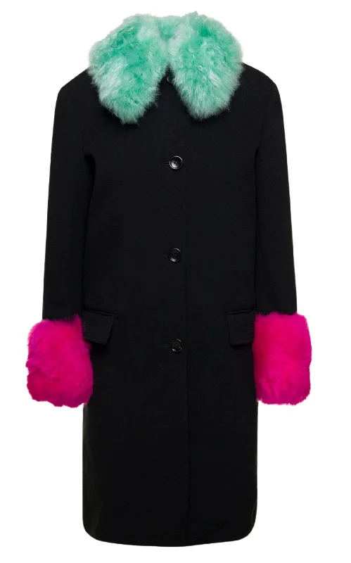 Cashmere Wool Coat with Shearling-collar Chenille Brocade Lace