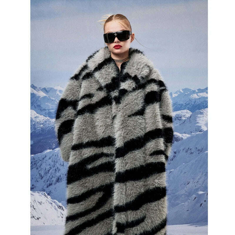 Women's fur coat new fashion zebra print imitation fox fur coat long winter leisure and warm Front Pockets Side Pockets Patch Pockets