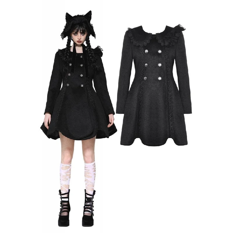 Women's Gothic Lolita Pleated Buttons Coat Tie-Waist Belted Drawstring