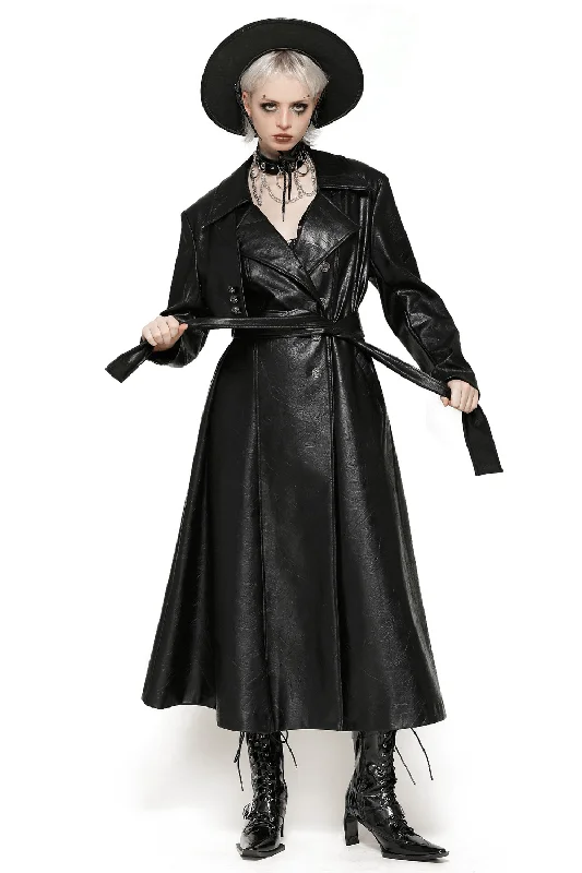 Women's Long Black Faux Leather Trench Coat with Belt Crew Neck V-Neck Boat Neck