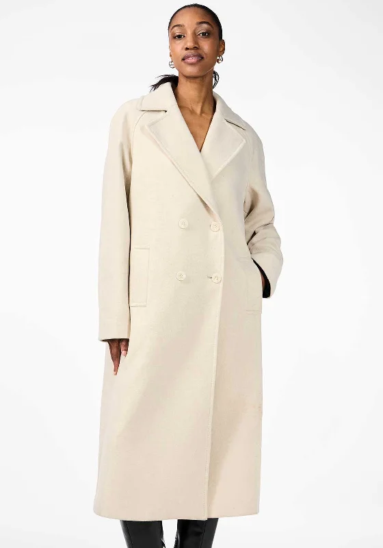 Y.A.S Margot Long Double-Breasted Coat, Cream Rayon Velvet Corduroy